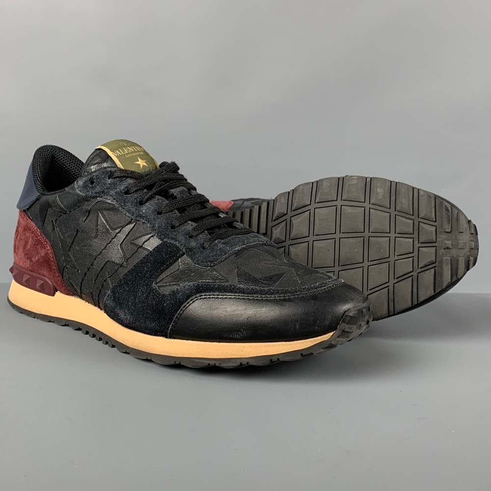 VALENTINO Navy Burgundy Stars Leather Rockrunner Sneakers - Picture 3 of 9